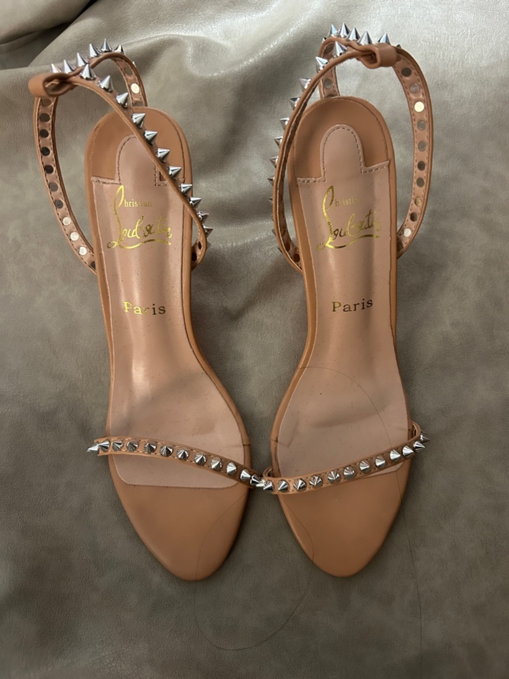 Christian Louboutin Tan Studded Leather Ankle-Strap Sandals